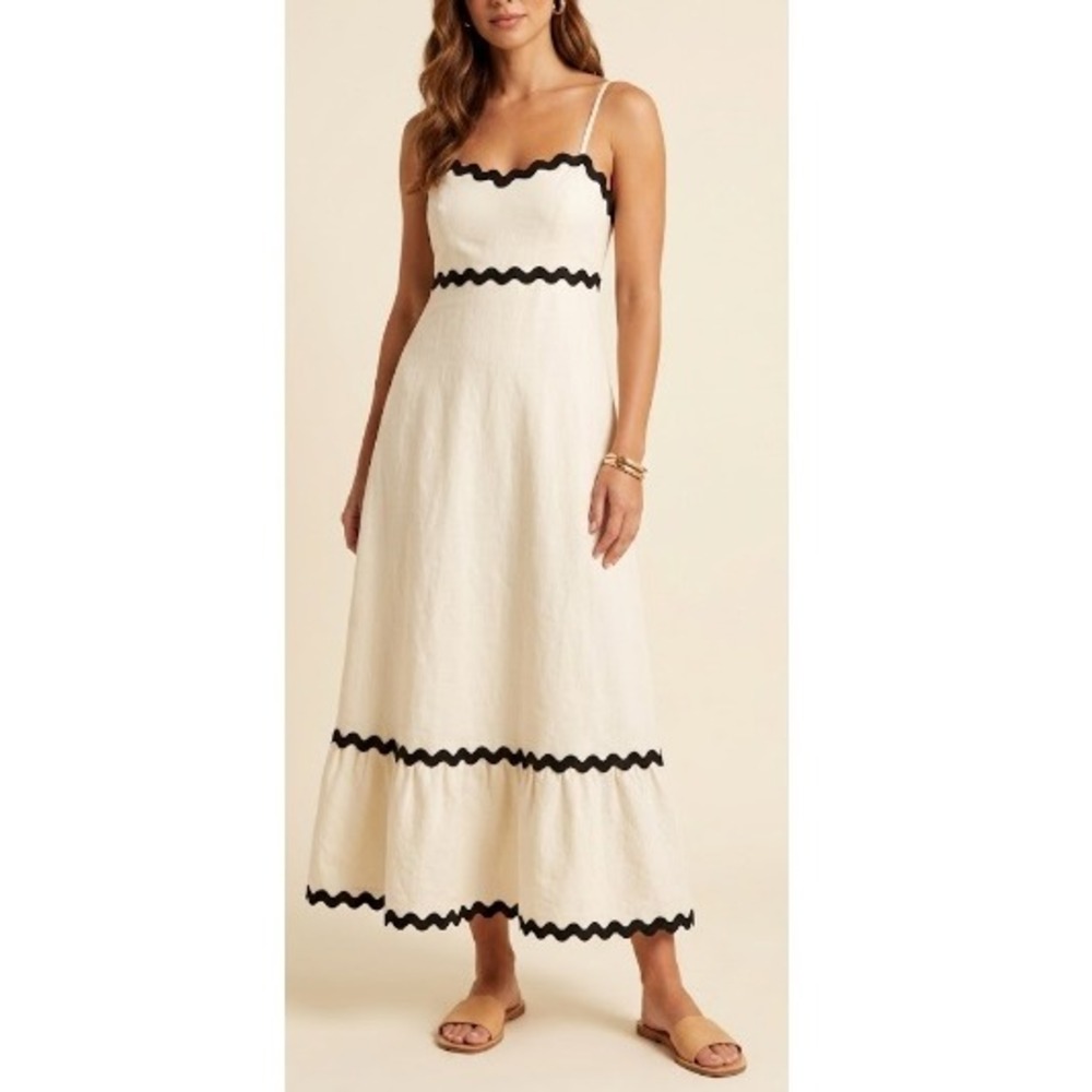 Petal & Pup Women's Cream Black Ric-Rac Trim Linen Yana Maxi Dress Size M NWT